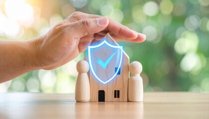 Protecting the Family Home Conceptual Image with Hand and Shield on Wooden Table for Safety.