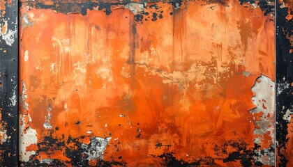 Abstract Orange Wall Texture with Weathered Paint and Black Trim for Creative Backdrops and Design Elements.