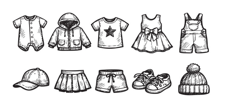A hand drawn vector sketch of a collection of baby and toddler clothing items. Includes onesie, hoodie, t-shirt, dress, overalls, cap, skirt, shorts, shoes and winter hat.