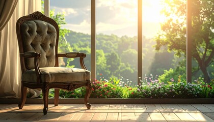 Elegant armchair near bright window overlooking lush garden perfect for lifestyle and design themes.