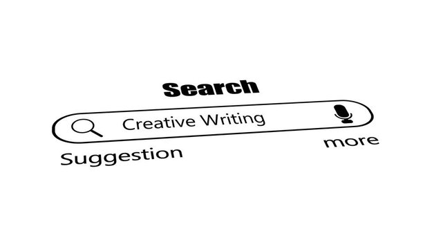 Creative writing search bar on white background, minimal black web browser interface with magnifying glass and voice search icon, literature and storytelling seo concept.