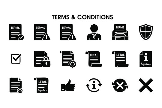 Modern flat design terms and conditions icons collection featuring documents approval security and signatures