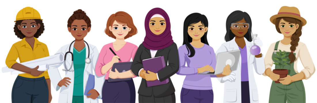 Diverse Women in Different Jobs & Professions Standing Together, Female Characters Representation in Healthcare, Technology, Construction, Science & Agriculture, Empowered Multiethnic Female Workers