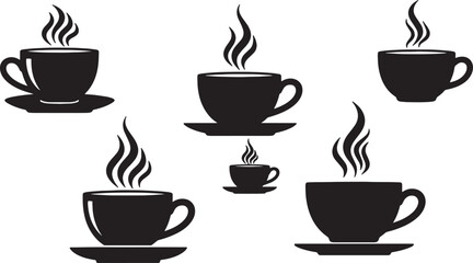 Fototapeta premium Black Solid Coffee Cup Prominent Steam Silhouettes Set of Six on White Background