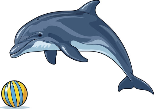 Trained dolphin playing with a striped beach ball