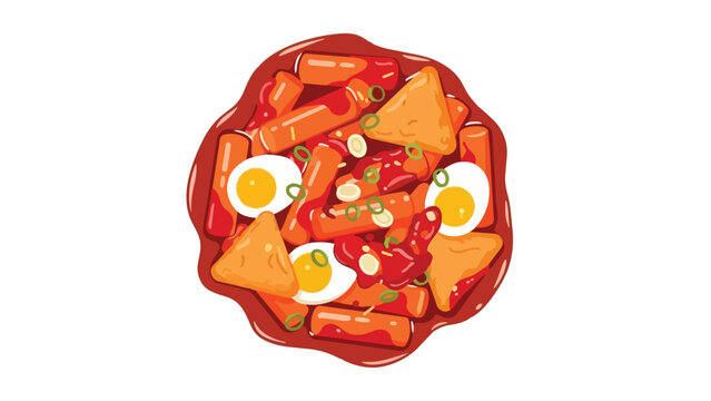 Vibrant Korean Tteokbokki Illustration with Eggs and Fish Cakes, A Culinary Delight Rendered Digitally