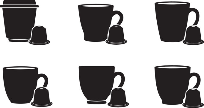 Black Solid Coffee Cup with Coffee Capsules Silhouettes Set of Six on White Background