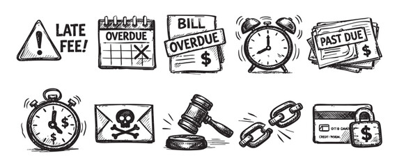 Fototapeta premium Hand-drawn vector illustration set depicting late fees, overdue bills, debt, and financial risks, perfect for illustrating finance, business, or economic concepts.