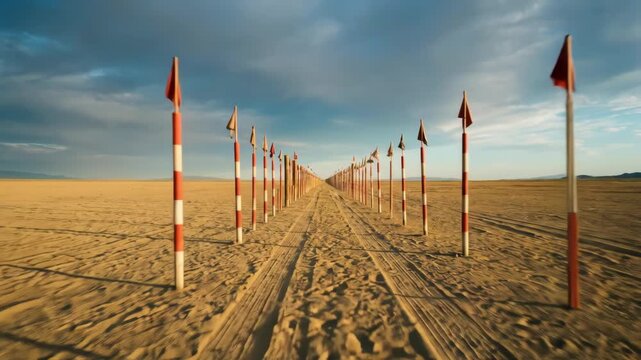 Straight sandy track with vehicle ruts and rows of tall wooden posts and flagpoles stretching toward the distant horizon under a vast blue sky, evoking journey, direction, and open desert