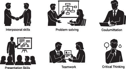 Black Solid Competency Based Interview Silhouettes Set of Six on White Background
