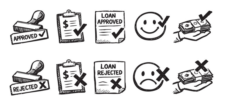 Hand drawn illustration depicting the loan application process with approved and rejected states. Includes stamp, document, money, and happy and sad faces, in a clean, vector format.