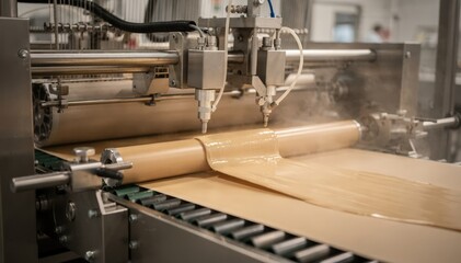 Fototapeta premium Medium shot of machinery applying greaseresistant biocoatings made from renewable resources showcasing innovation in natural barrier solutions for food packaging safety.