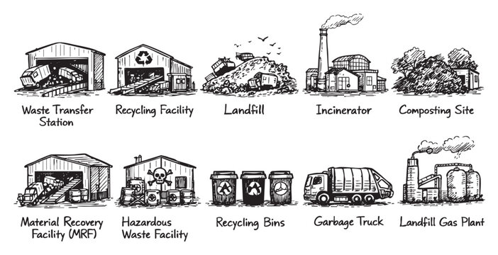 Black and white sketch depicting various industrial facilities, pollution sources, recycling processes and waste disposal. Can be used for environmental awareness, sustainability, and industrial theme
