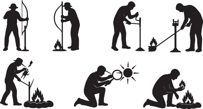 Primitive Fire-Making Techniques Silhouettes Set of Six