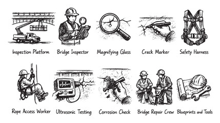 Naklejka premium Hand drawn illustration depicts bridge inspection and repair operations, including inspectors, equipment, safety measures, and construction elements. For engineering, education, and safety materials.