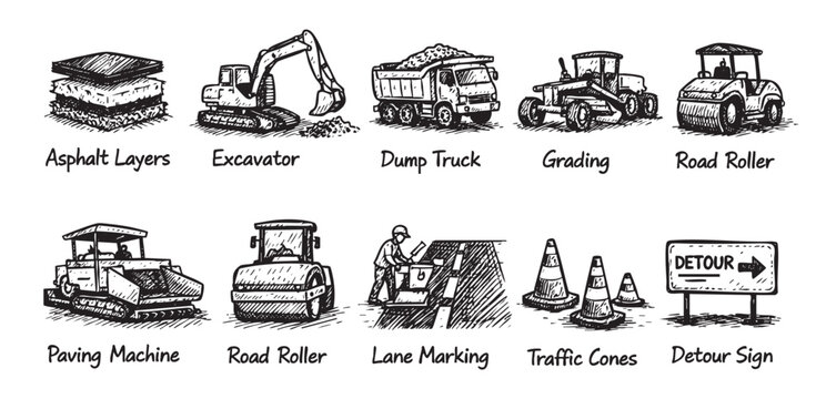 Hand drawn vector illustration featuring road construction machinery and equipment. Perfect for infographics, brochures, or educational materials about civil engineering.