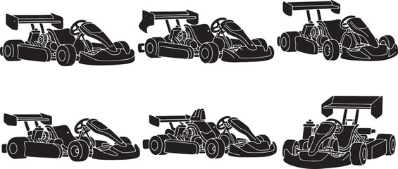 Black Solid Race Go-Kart Silhouettes Set of Six on White Background © Dreamfly