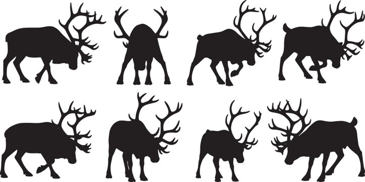 Black Solid Reindeer Aggressive and Defensive Silhouettes Set of Six on White Background