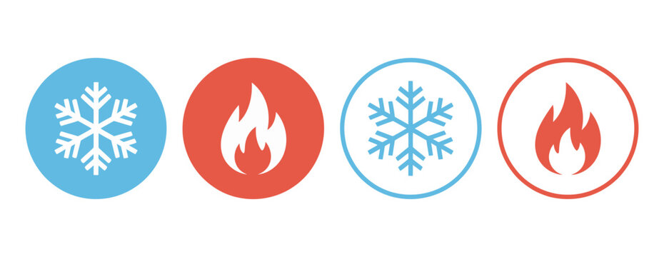 Hot and Cold Icon, Fire and Snowflake Temperature Control Sign for Heating and Cooling System Interface Button Design.
