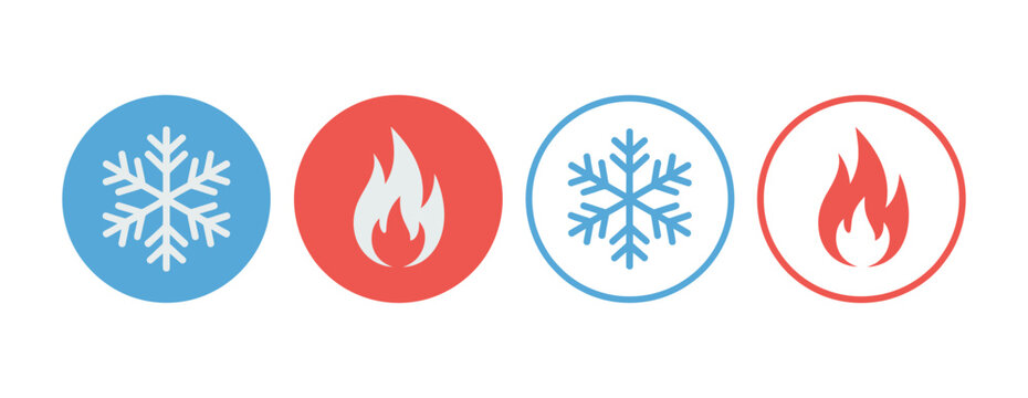 Hot and Cold Icon, Fire and Snowflake Temperature Control Sign for Heating and Cooling System Interface Button Design.