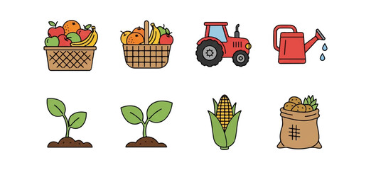 Farm icons baskets of fruit tractor seedlings corn and harvest sack