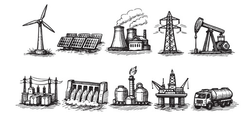 Obraz premium Hand-drawn illustration showcases various energy production methods: wind, solar, nuclear, hydro, oil, and transport. Perfect for educational materials, infographics, and energy-related content.