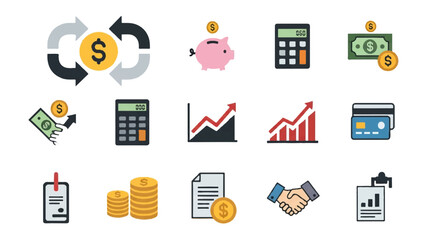 Financial icons representing currency savings investment and business transactions