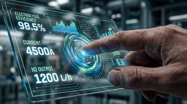 Close up of technician finger on digital HMI control panel monitoring hydrogen electrolysis efficiency and power consumption, smart factory 4k footage, industrial UI