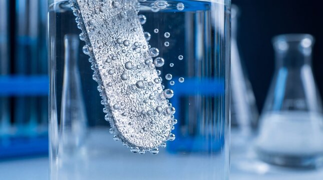 Microscopic view of hydrogen gas bubbles forming on platinum electrode during water electrolysis process, scientific laboratory 4k footage, green hydrogen innovation
