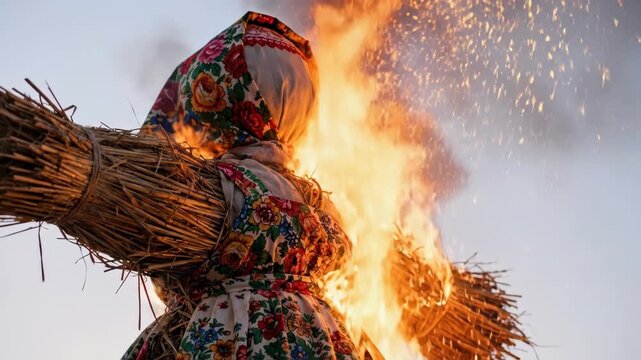 Burning shrovetide effigy during Maslenitsa celebration, Slavic folk tradition of winter farewell and spring equinox ritual bonfire