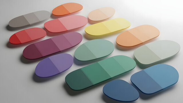 Collection of pill-shaped oval objects with split-tone color gradients arranged in isometric rows on a white background, representing UI toggles, medical capsules, buttons, or color swatches.