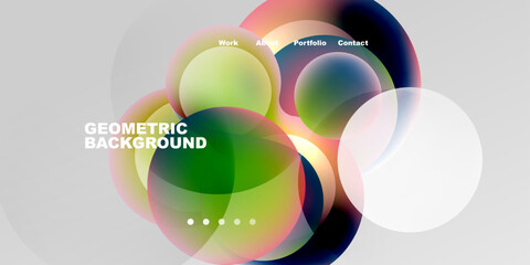Fototapeta premium Abstract colorful circles overlap, creating dynamic visual effect. Text labels present work, about, portfolio, contact options.