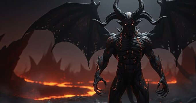 Fantasy demon character illustration in volcanic landscape