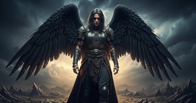Dramatic angel figure with dark wings and armor under stormy sky