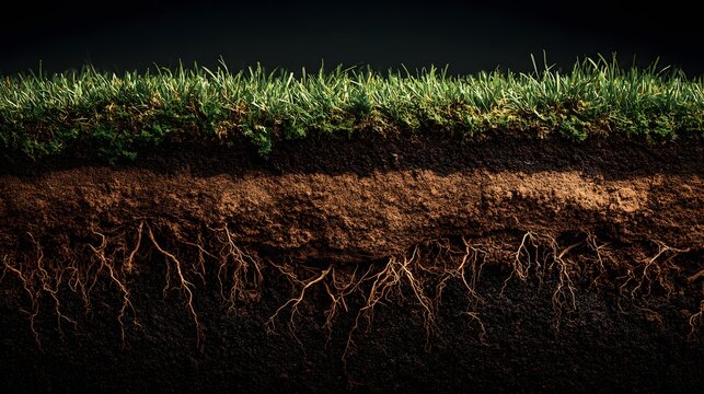 Detailed cross-section of rich dark soil with green grass on top reveals intricate root systems and earth layers against a dark background.