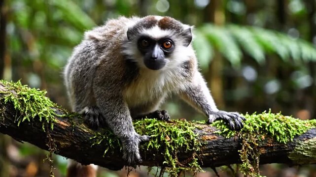 Lemur Sitting on Mossy Tree Branch.
