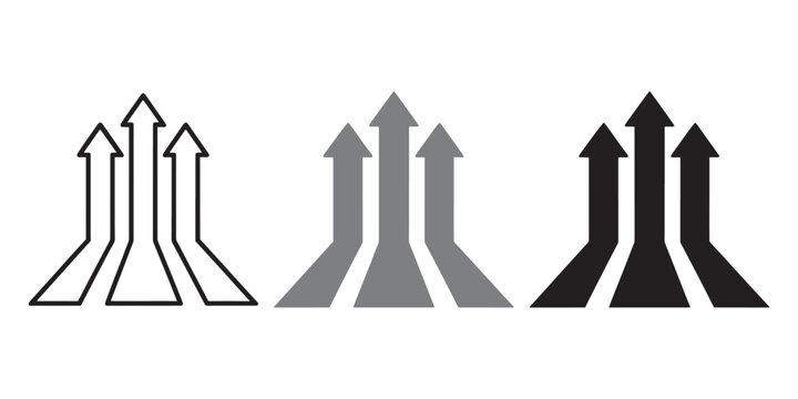 Vector set of three upward growth arrows merging into one, collection of triple direction pointers and success symbols for business infographic design.