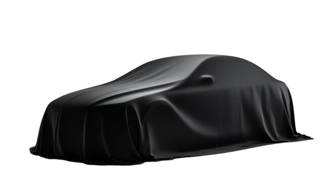Sleek black car covered with elegant drapery in studio setting, isolated