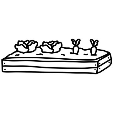 Hand-Drawn Raised Garden Bed with Growing Vegetables Illustration