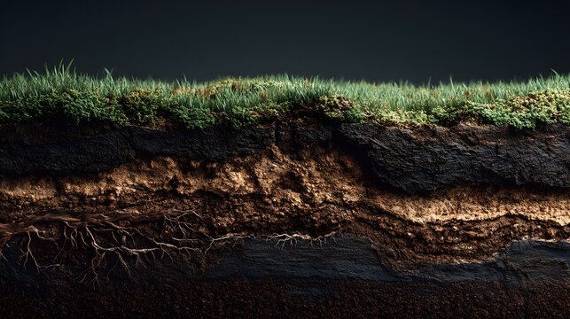 Detailed cross-section of rich dark soil with green grass on top reveals intricate root systems and earth layers against a dark background.