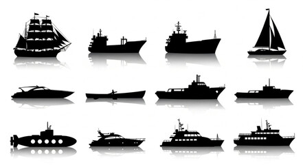 Collection of various ship and boat silhouettes with reflections. © Rifki