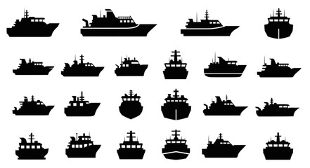 Collection of various ship silhouettes isolated on white background. © Rifki