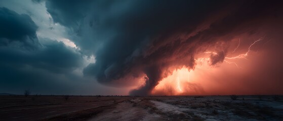Intense photograph captures a massive tornado touching down in a flat rural landscape with dark debris clouds and bright lightning strikes.