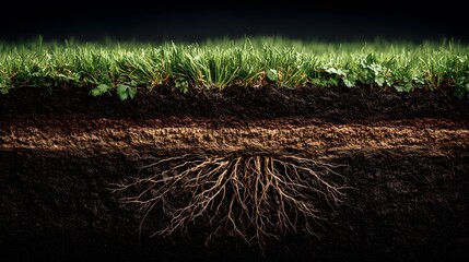 Detailed cross-section of rich dark soil with green grass on top reveals intricate root systems and earth layers against a dark background.