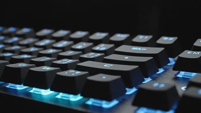 Detail Shot of Glowing Cyan LED Gaming Keyboard Keys against Black Background - Coding and Programming Interface.