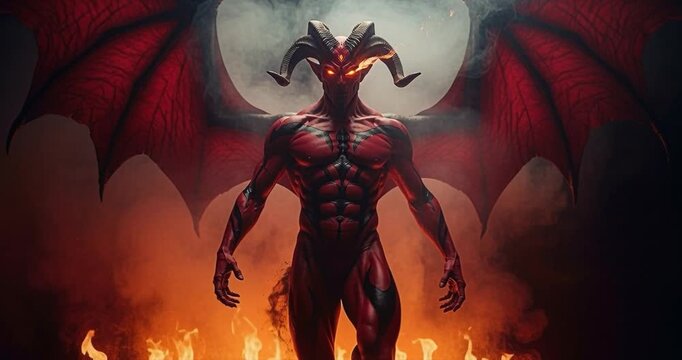 Fiery demon with horns and wings against dark background