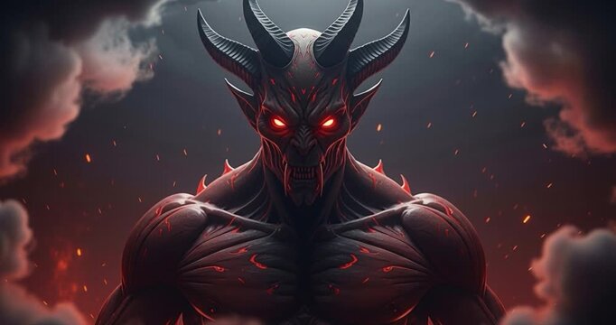Fiery demon with horns emerging from smoke
