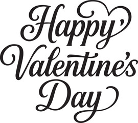 Happy Valentine's Day text in a decorative, calligraphic font. The letters are bold and black. Swirls and flourishes extend from the letters, adding an elegant touch