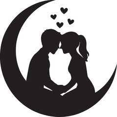 Silhouette of a couple sitting on a crescent moon, facing each other with their foreheads touching