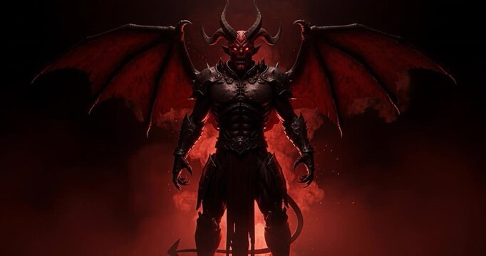 Fiery demon with red wings against dark backdrop